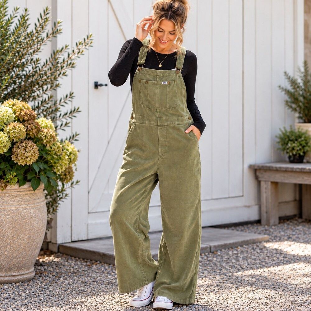 Corduroy Bib Overalls Women's Large WideLeg Lee Army Green Relaxed Jumpsuit EUC